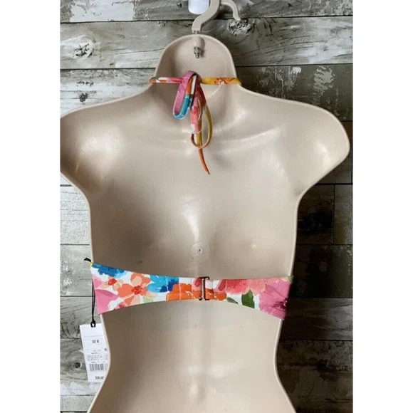 Shade & Shore Womens Floral Double Knot Halter Tie Bathing Suit Swimsuit Top 32B - Picture 3 of 3